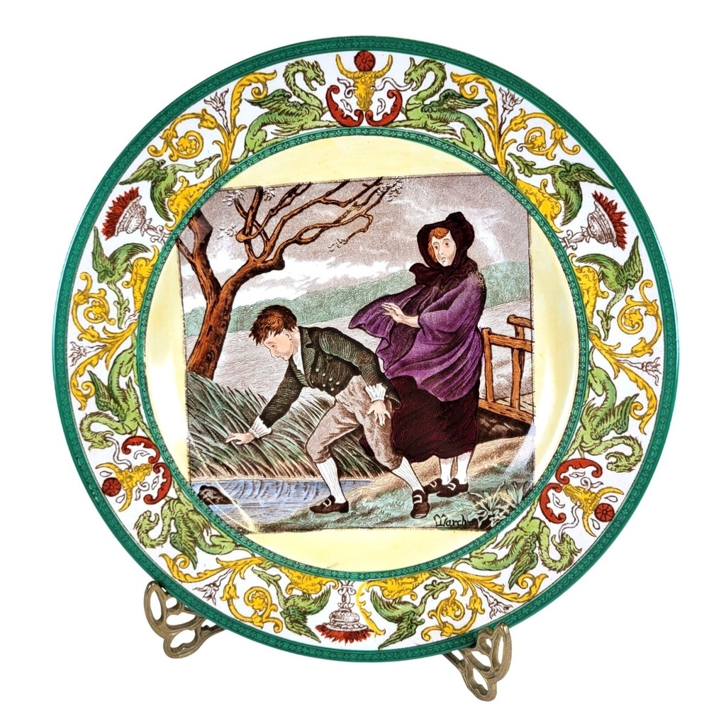 Antique Wedgwood Month Plate "March" Man Woman Vibrant Green‎ Rim Etruria 1878